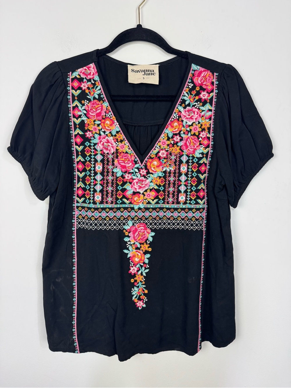 Savanna Jane Embroidered V Neck Short Sleeve Top Boho Bohemian